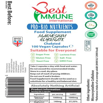 Best Immune, Magnesium Glycinate 500mg 100 Vegan Capsules Highest Bioavailability Eco Packaging