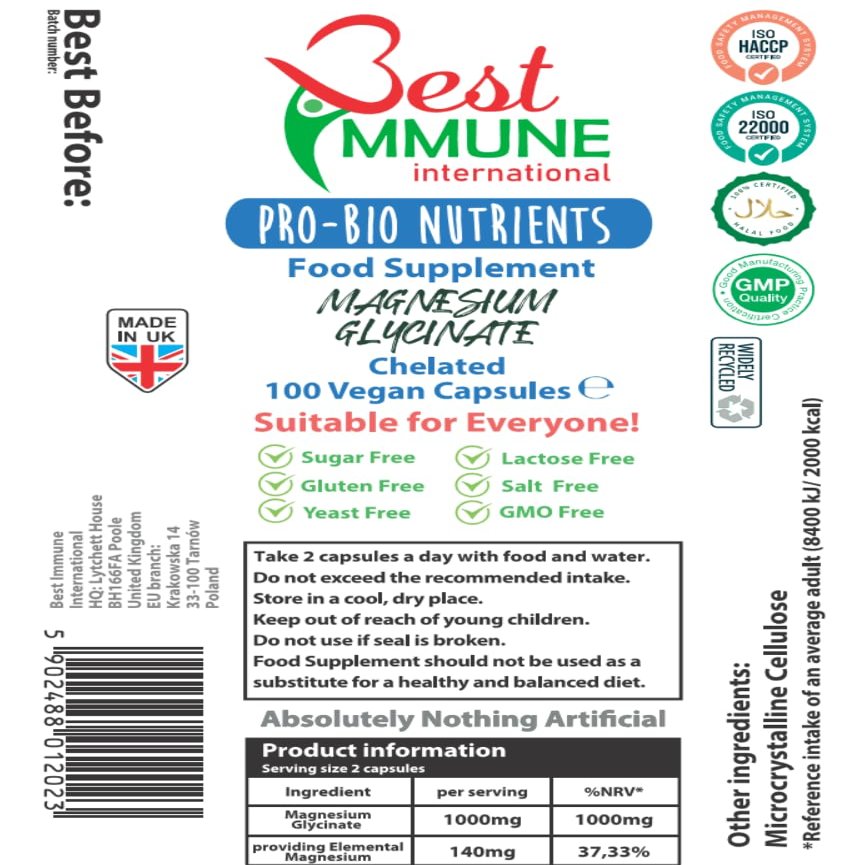 Best Immune, Magnesium Glycinate 500mg 100 Vegan Capsules Highest Bioavailability Eco Packaging