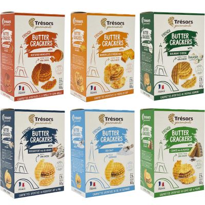 TRESORS GOURMANDS Authentic French Waffle Butter Crackers Snack, Mimolette Cheese, Roquefort Cheese & Honey, Sea Salt, Maroilles Cheese, Boursin Cheese, Comte & Pepper, Flavor Mix
