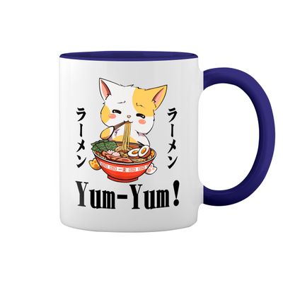Kawaii Neko Ramen Lover Japanese Noodle Anime New Trend Fun Lustig White Coffee Mug with Blue Rim & Handle