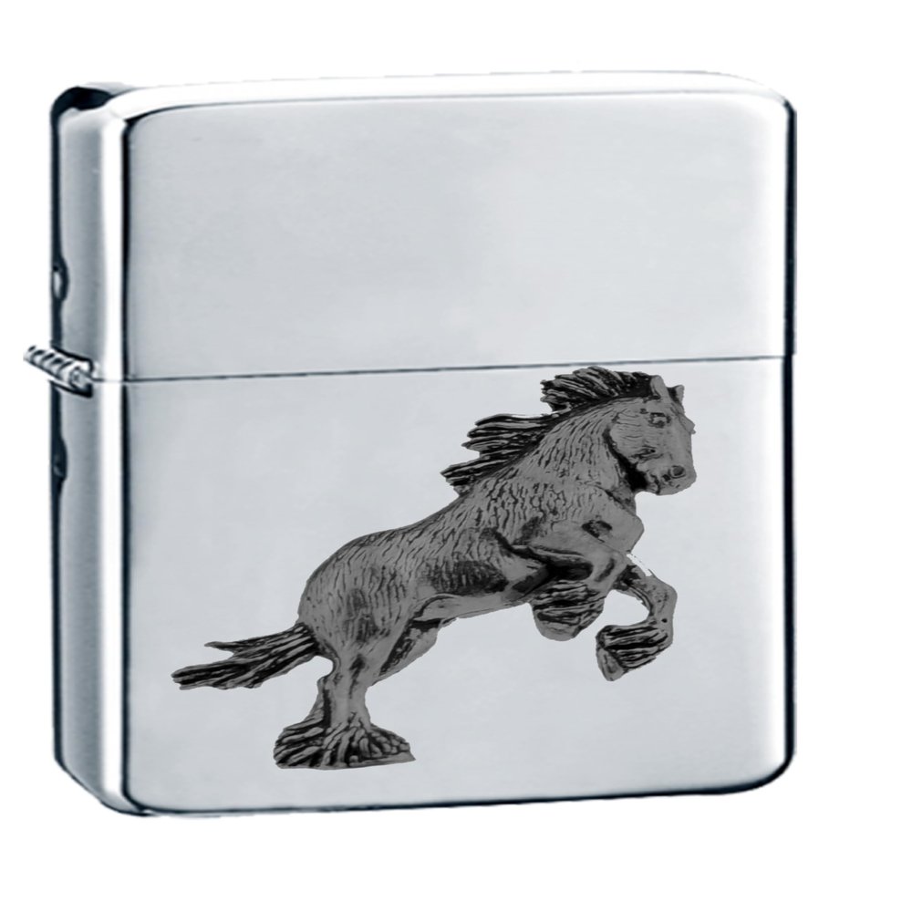A37 Shire Horse BLACK FINISH fine English Pewter on a chrome silver wind proof ligher flip top petrol refillable