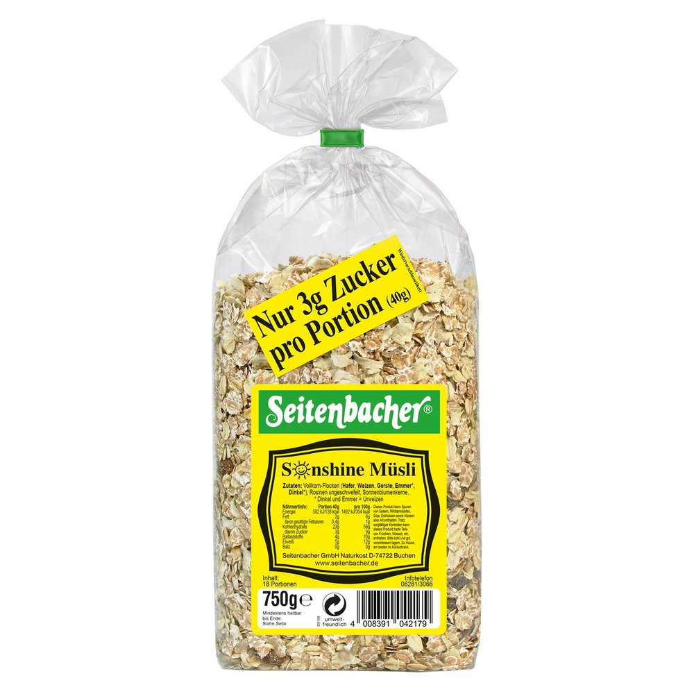 Seitenbacher Sonnen Muesli I 5 Whole Grain Grains I No Added Sugar I No Added Fat I (3 x 750 g)