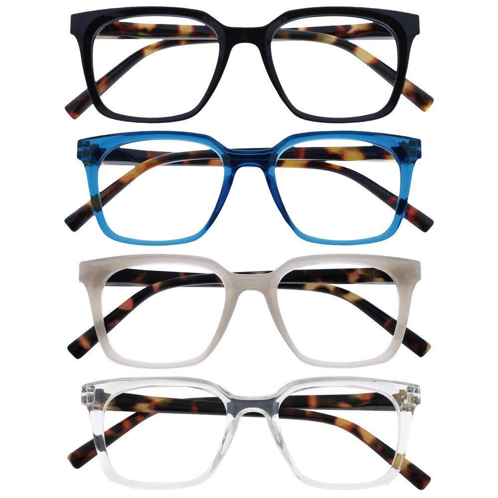 OPULIZE KOI Reading Glasses 4 Pack - Large Rectangular Frame - Black-Blue-Grey-Clear - Mens Womens- Spring Hinges - RRRR50-137C - +3.50