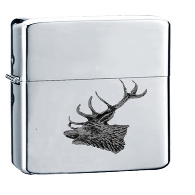 A53 Red Stag Head BLACK FINISH fine English Pewter on a chrome silver wind proof ligher flip top petrol refillable