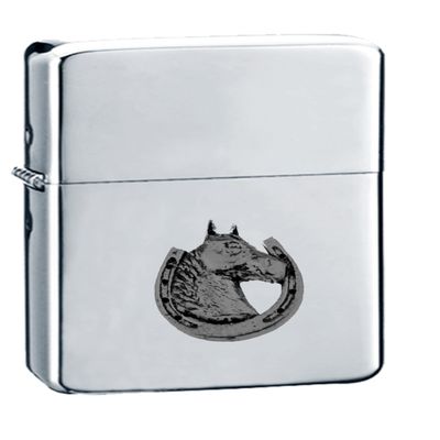 A62 Horseshoe BLACK FINISH fine English Pewter on a chrome silver wind proof ligher flip top petrol refillable