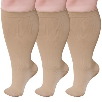PUTUO Wide Calf Compression Socks: Plus Size Graduated Compression Stockings for Men Women Large Compression Sock for Support Flight Travel Pregnancy Edema Nurses Seniors 20-30 mmHg Beige L/XL 3Pairs