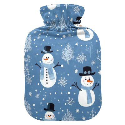 Snowmen Blue Hot Water Bottle with Soft Velvet Cover Hot Water Bag for Pain Relief Hot and Cold Compress Body Bed Warmer 1L