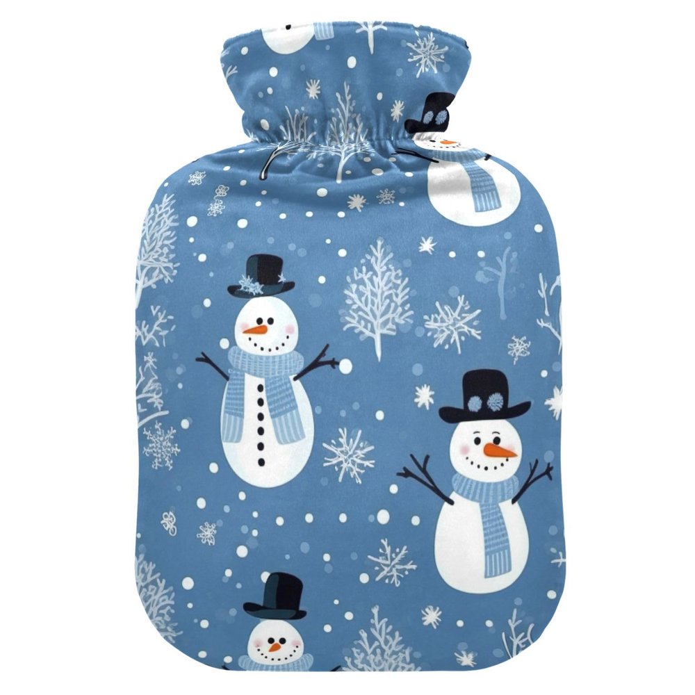 Snowmen Blue Hot Water Bottle with Soft Velvet Cover Hot Water Bag for Pain Relief Hot and Cold Compress Body Bed Warmer 1L