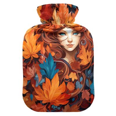 Fall Leaves Women Hot Water Bottle with Soft Velvet Cover Hot Water Bag for Pain Relief Hot and Cold Compress Body Bed Warmer 1L