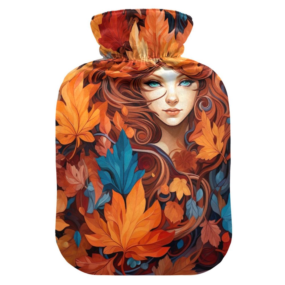 Fall Leaves Women Hot Water Bottle with Soft Velvet Cover Hot Water Bag for Pain Relief Hot and Cold Compress Body Bed Warmer 1L
