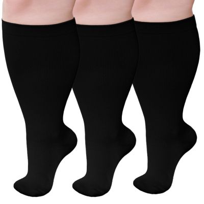 PUTUO Wide Calf Compression Socks: Plus Size Graduated Compression Stockings for Men Women Large Compression Sock for Support Flight Travel Pregnancy Edema Nurses Seniors 20-30 mmHg Black 4XL 3Pairs