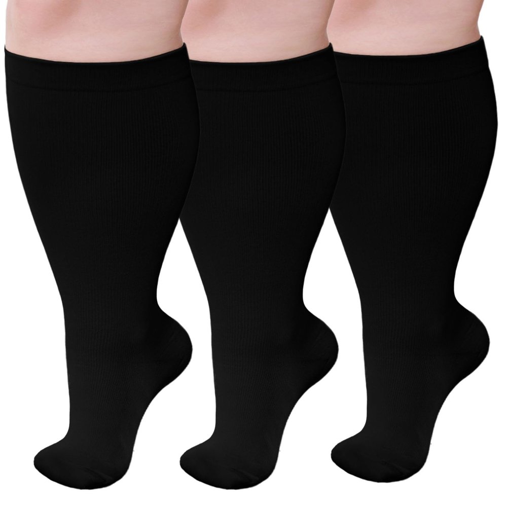 PUTUO Wide Calf Compression Socks: Plus Size Graduated Compression Stockings for Men Women Large Compression Sock for Support Flight Travel Pregnancy Edema Nurses Seniors 20-30 mmHg Black 4XL 3Pairs