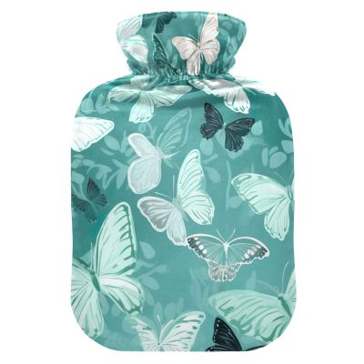 White Blue Butterflies Hot Water Bottle with Soft Velvet Cover Hot Water Bag for Pain Relief Hot and Cold Compress Body Bed Warmer 1L