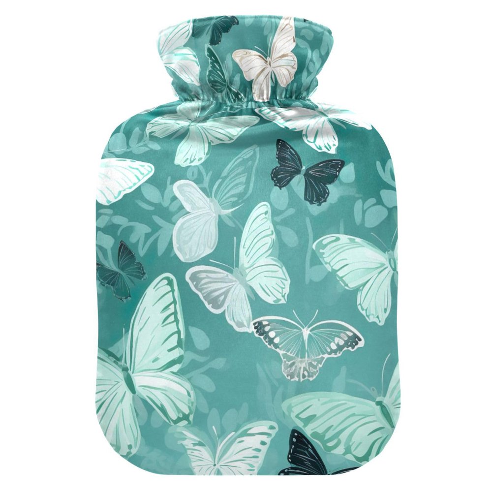 White Blue Butterflies Hot Water Bottle with Soft Velvet Cover Hot Water Bag for Pain Relief Hot and Cold Compress Body Bed Warmer 1L