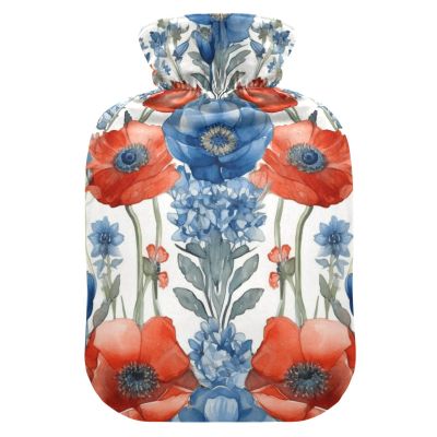 Red Blue Watercolor Poppy Floral Hot Water Bottle with Soft Velvet Cover Hot Water Bag for Pain Relief Hot and Cold Compress Body Bed Warmer 1L