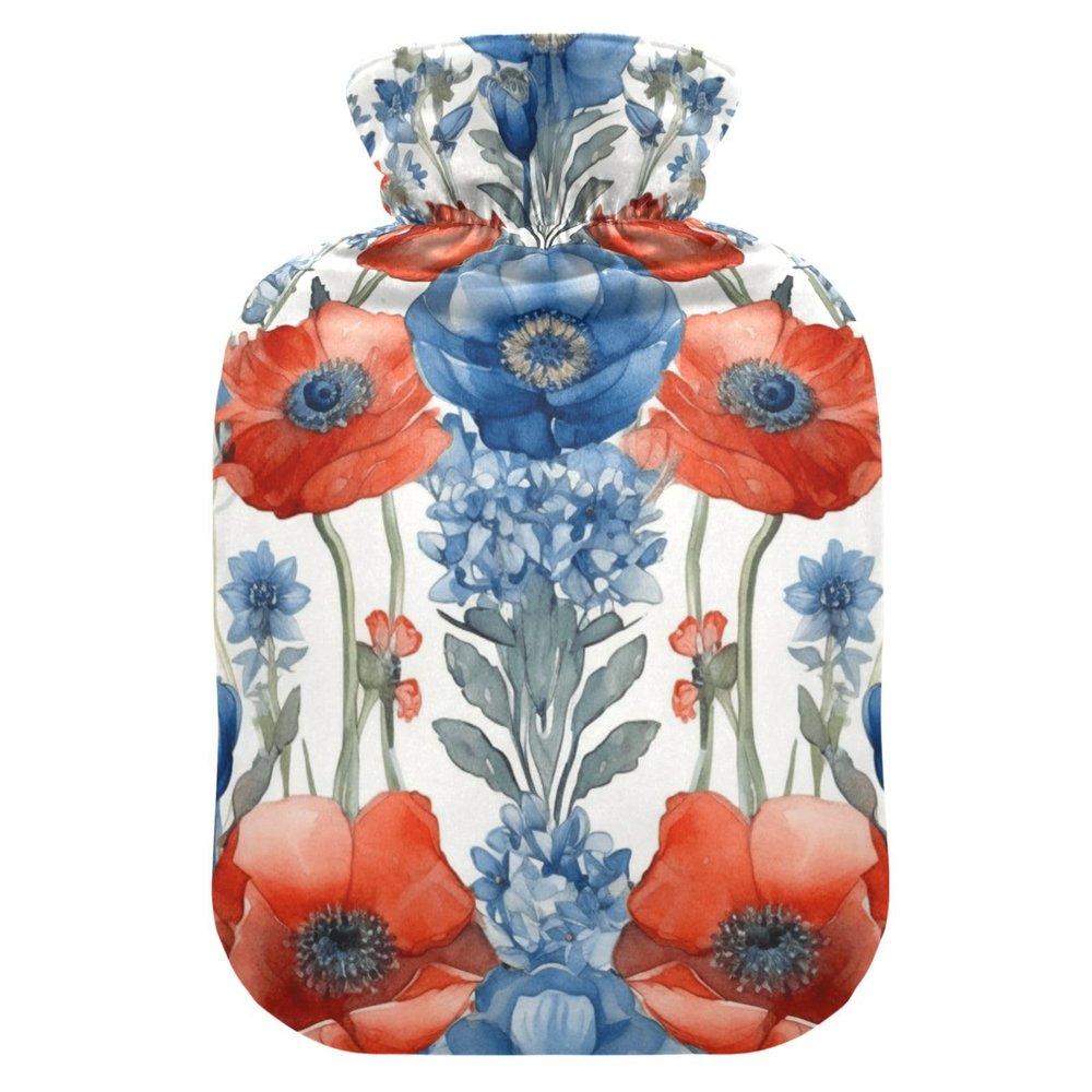 Red Blue Watercolor Poppy Floral Hot Water Bottle with Soft Velvet Cover Hot Water Bag for Pain Relief Hot and Cold Compress Body Bed Warmer 1L