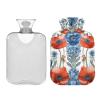 Red Blue Watercolor Poppy Floral Hot Water Bottle with Soft Velvet Cover Hot Water Bag for Pain Relief Hot and Cold Compress Body Bed Warmer 1L view 2