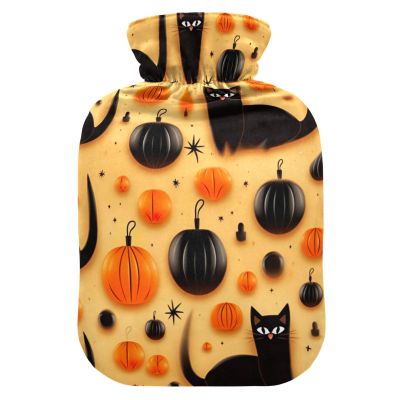 Halloween Cats Pumpkin Hot Water Bottle with Soft Velvet Cover Hot Water Bag for Pain Relief Hot and Cold Compress Body Bed Warmer 1L