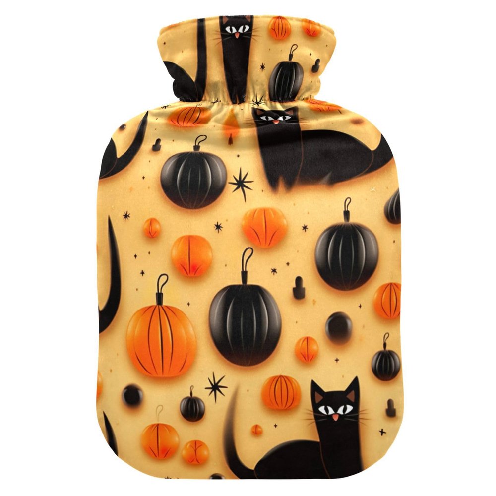Halloween Cats Pumpkin Hot Water Bottle with Soft Velvet Cover Hot Water Bag for Pain Relief Hot and Cold Compress Body Bed Warmer 1L
