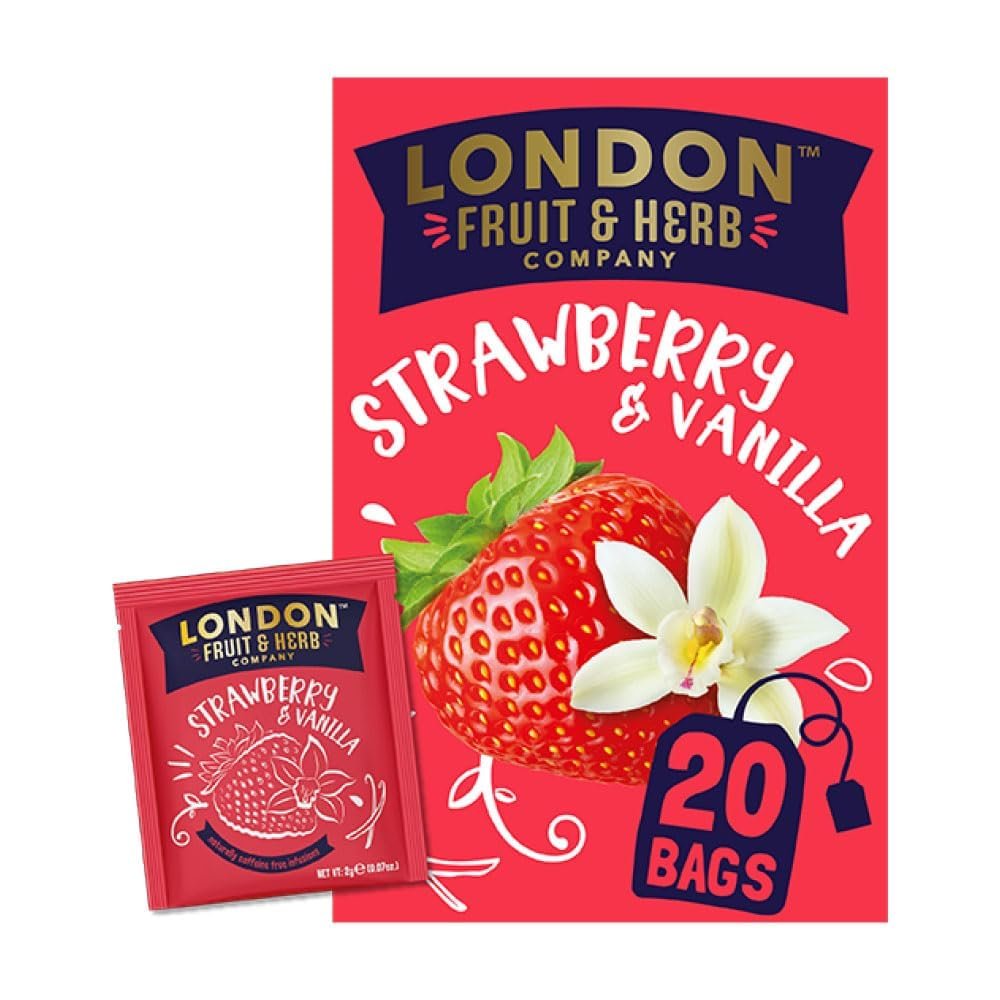 London Fruit & Herb Strawberry & Vanilla Tea, 20 Teabags Caffeine-Free Herbal Infusion with Sweet Strawberry and Creamy Vanilla (Pack of 6)