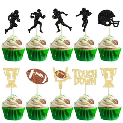 24Pcs Rugby Ball Cupcake Toppers Glitter Trophy American Football Cupcake Picks Touchdown Player Cake Decorations for Super Bowl Rugby Sports Theme Baby Shower Kids Birthday Party Supplies