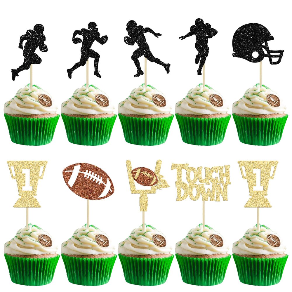 24Pcs Rugby Ball Cupcake Toppers Glitter Trophy American Football Cupcake Picks Touchdown Player Cake Decorations for Super Bowl Rugby Sports Theme Baby Shower Kids Birthday Party Supplies
