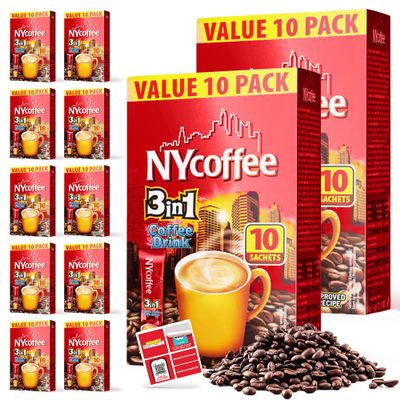 SOL 100pk Bulk NY Coffee 3-in-1 White Coffee with Sugar 100 Satchet Case Pack - (10 x 10pk) With Exclusive SOL Sticker Set