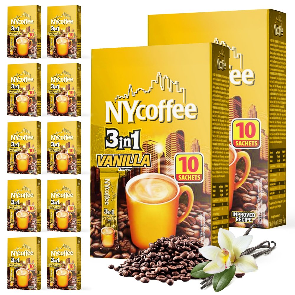 SOL 100pk Bulk NY 3-in-1 Coffee Sachets, Vanilla Latte Flavoured, Case Pack Includes 10 x 10 Individually Wrapped Instant Sticks, Convenient and Portable, Perfect for Home, Office, or Travel