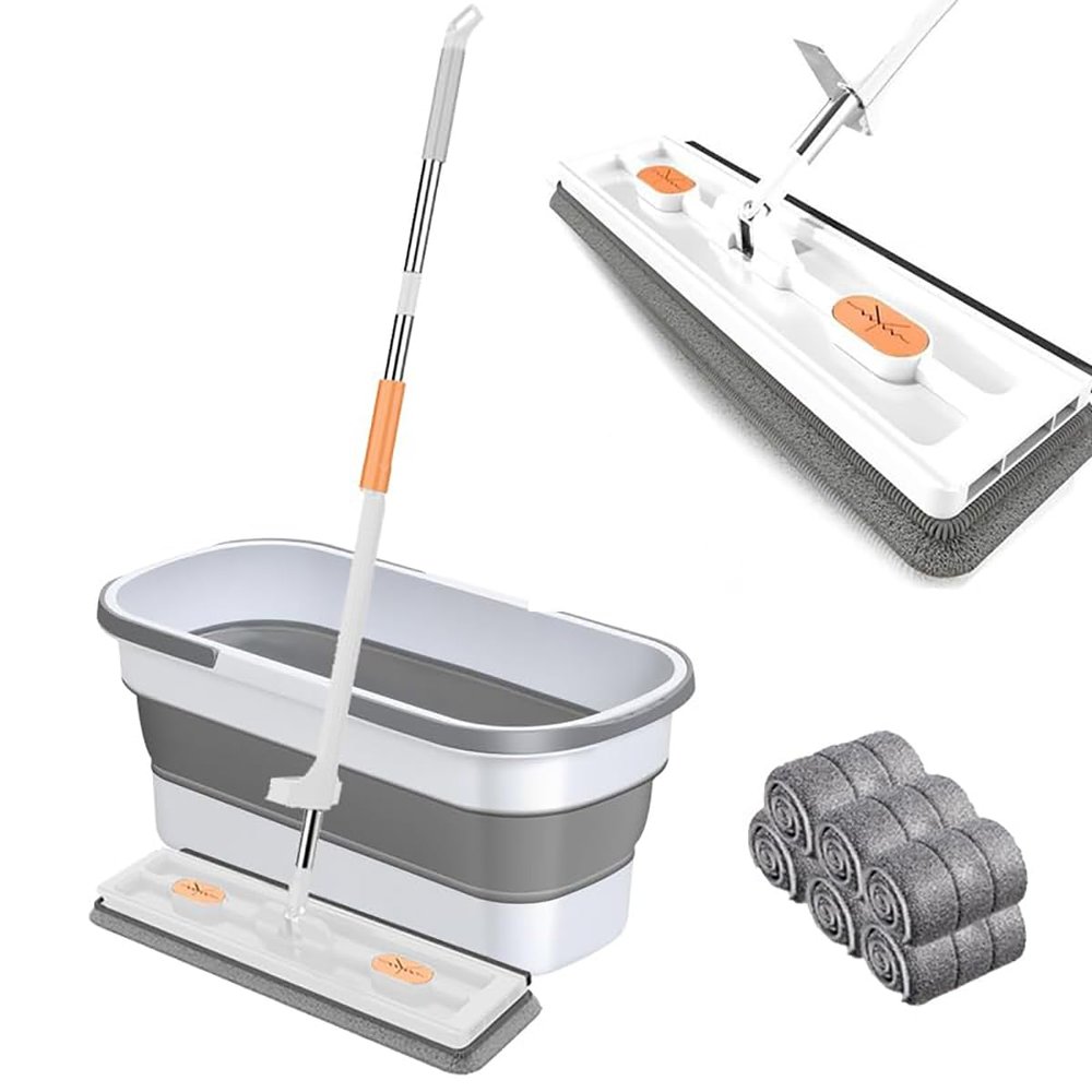 2024 Newest Large Flat Mop,360 Freely Rotating Mop Head, Large Flat Mop and Bucket System, Large Flat Mops for Floors, Corner, Window,White Bucket+White Mop +6 Rag