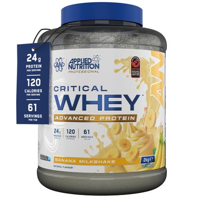 Applied Nutrition Critical Whey Protein Powder  24g Protein per Serving, High Protein Powder, Protein Shake with BCAAs & Glutamine  Muscle Growth & Recovery (2Kg - 61 Servings) (Banana)