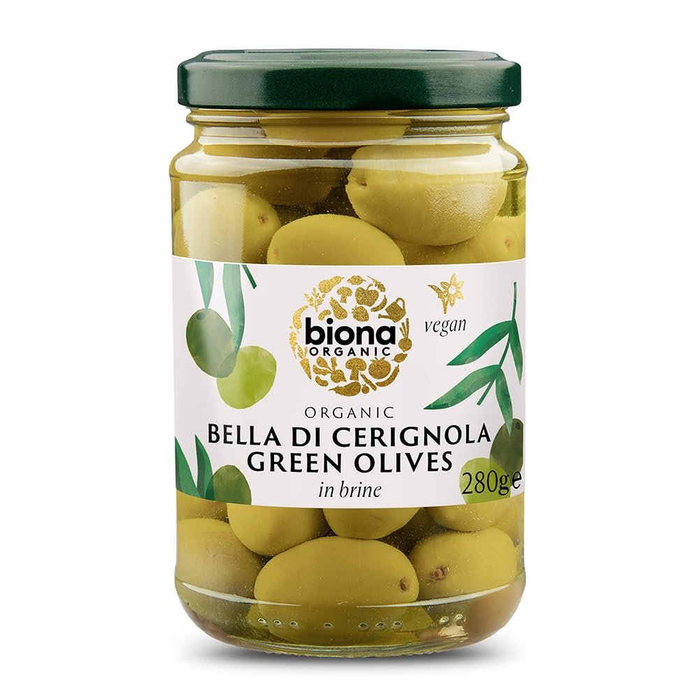Biona Organic Bella di Cerignola Olives in Brine 280g, Pack of 5 - Handpicked in The Italian Region of Cerignola - Whole Green Olives - Succulent & Vibrant - Preserved in Brine