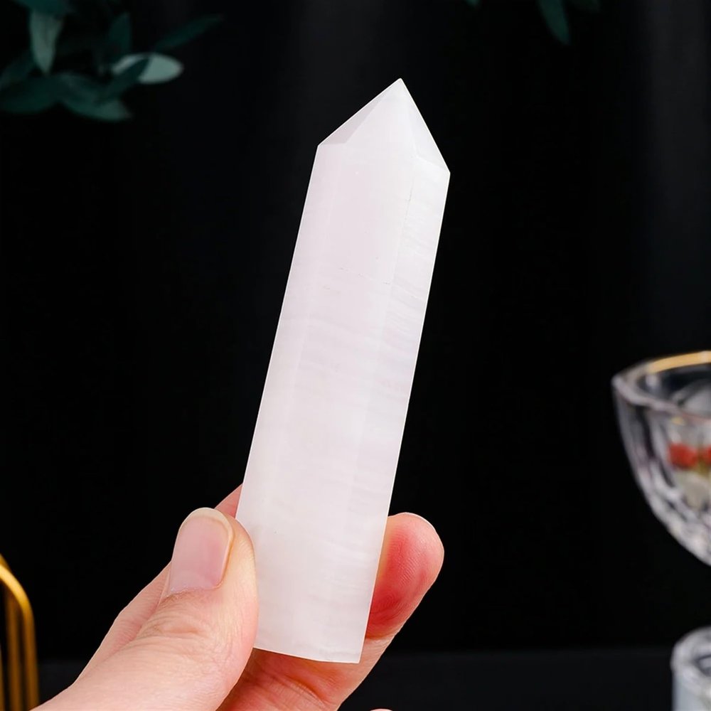 AtkitS Natural Tower Pink Calcite Gemstone Point Polished Healing Stone Crystal Obelisk Wand Stone Room Decor