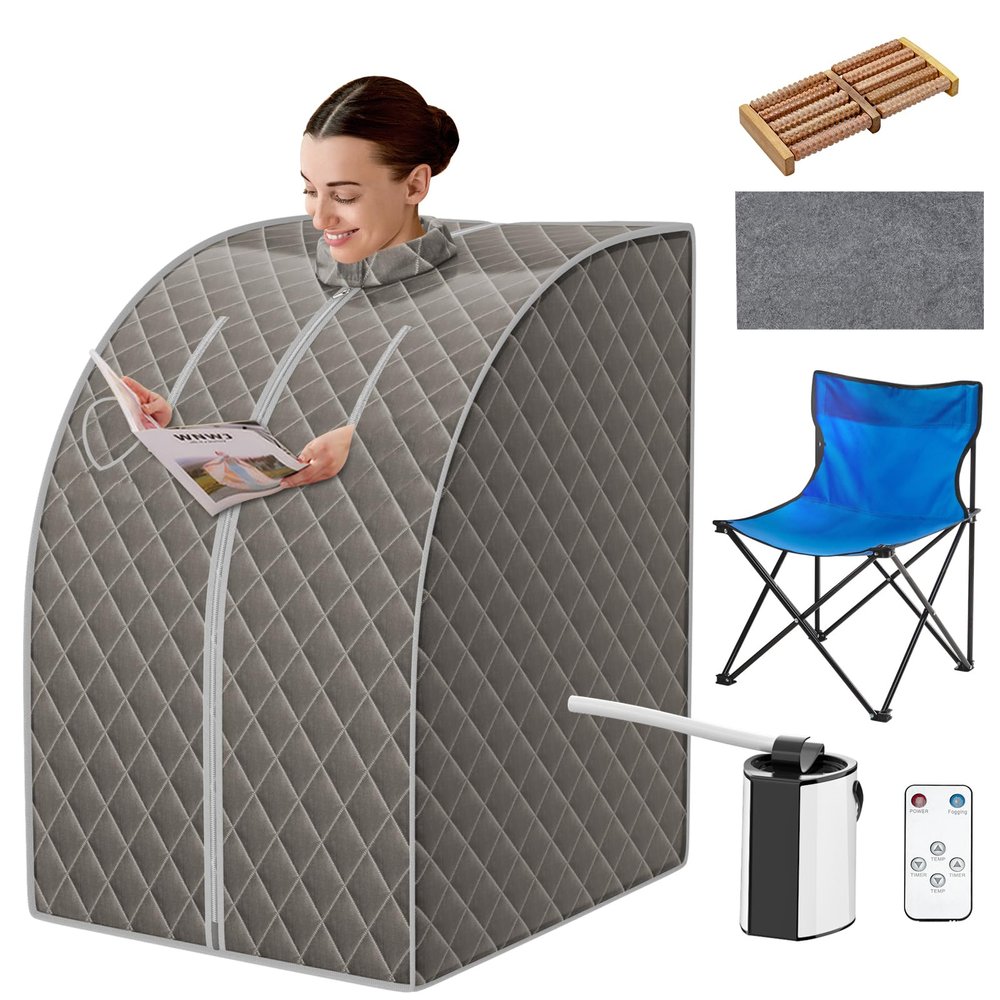 Multigot Portable Steam Sauna, Folding Personal Home Spa Box with Folding Chair, Foot Massage Rollers and Remote Control, Full Body Sauna Tent for Detox Therapy (Grey)