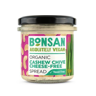 Bonsan Organic Cashew Chive Cheese-Free Spread 135g, Pack of 6 - Vegan Cream Cheese Alternative - Made From Cashews & Fragrant Chives - Yeast Free & GMO Free - For Sandwiches & Dipping