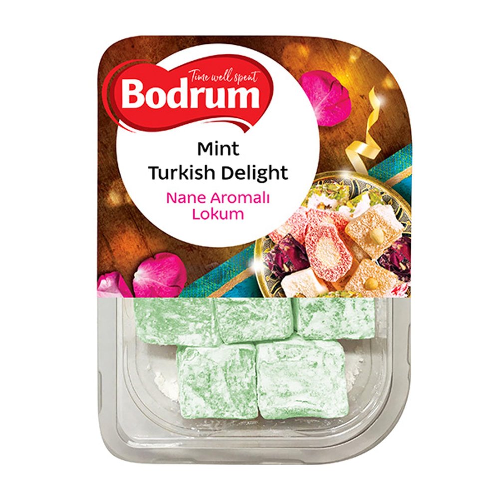 Turkish Delight Lokum Dessert Gourmet Box 350g | Confectionery Luxurious Selection of Mix Fruit, Rose, Pomegranate, and Plain (Mint 200g, 1 Pack)