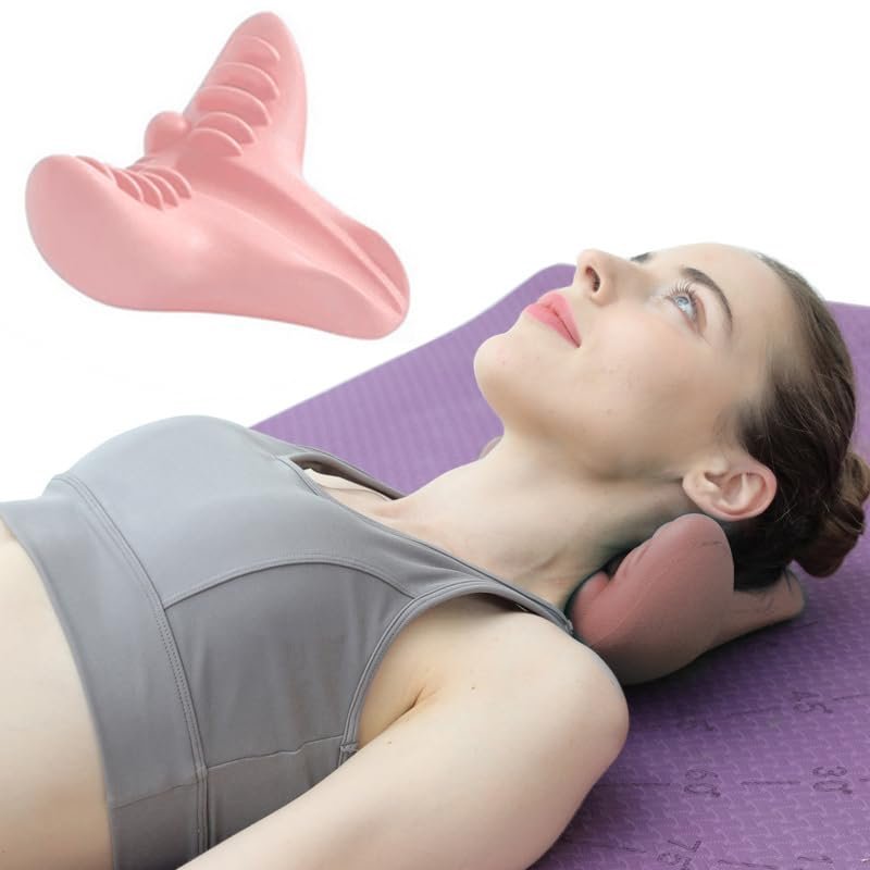 Cervical Spine Massage Pillow, Neck and Shoulder Relaxer Neck Massage Pillow, Cervical Spine Alignment Chiropractic Pillow Cervical Neck Traction Device Neck Stretcher for TMJ Pain Relief (Pink)