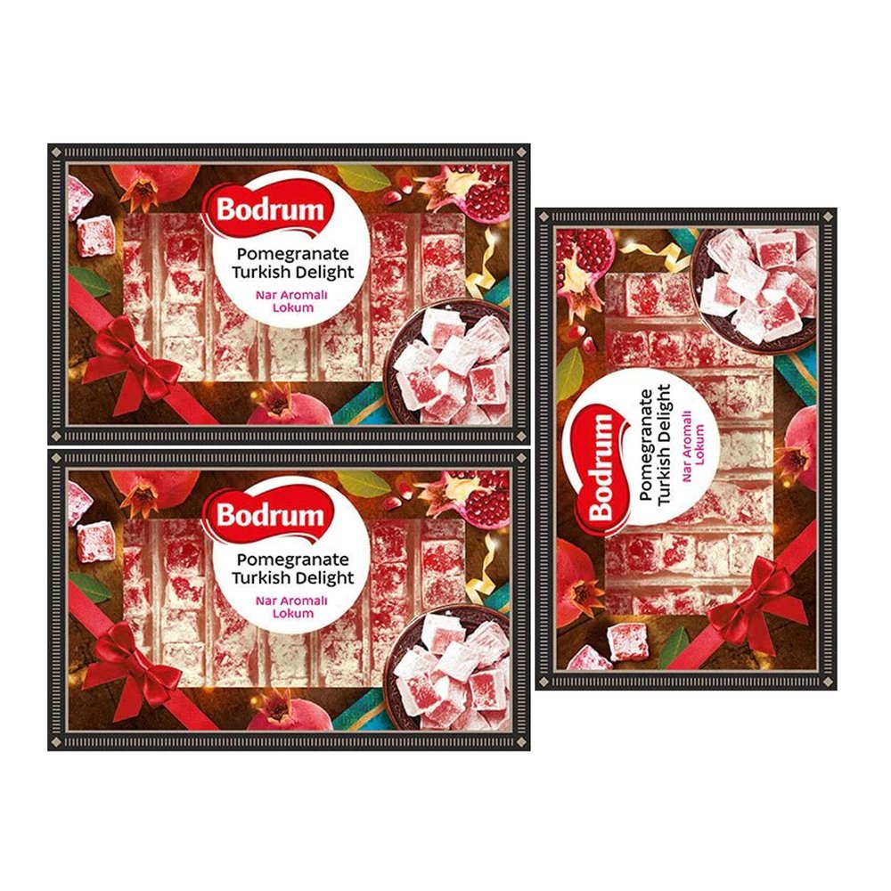 Bodrum Delight Luxury Pomegranate 350g | Turkish Delight Sade Lokum Dessert Gourmet Box | Confectionery Authentic & Luxurious Selection of Delight | from Turkey (Luxury Pomegranate 350g, 3 Pack)
