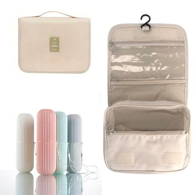 1 Travel TOOTHBRUSH Holder & Hanging TOILETRY Bag, MOUTHWASH Cup, TOOTHPASTE Holder -Carry Strap, Anti Slip Groove,Business Trip, Store Travel Make Up Brushes (1 HOLDER & Toiletry BAG)