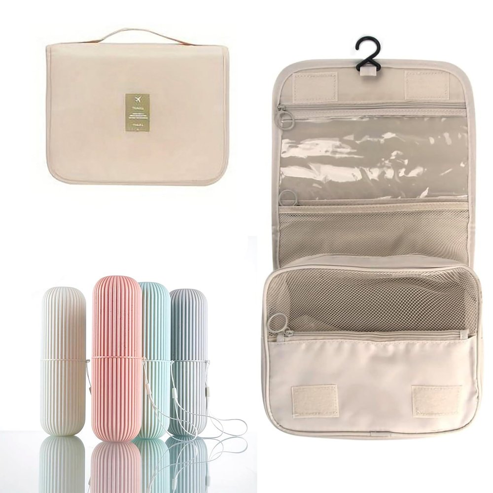 1 Travel TOOTHBRUSH Holder & Hanging TOILETRY Bag, MOUTHWASH Cup, TOOTHPASTE Holder -Carry Strap, Anti Slip Groove,Business Trip, Store Travel Make Up Brushes (1 HOLDER & Toiletry BAG)