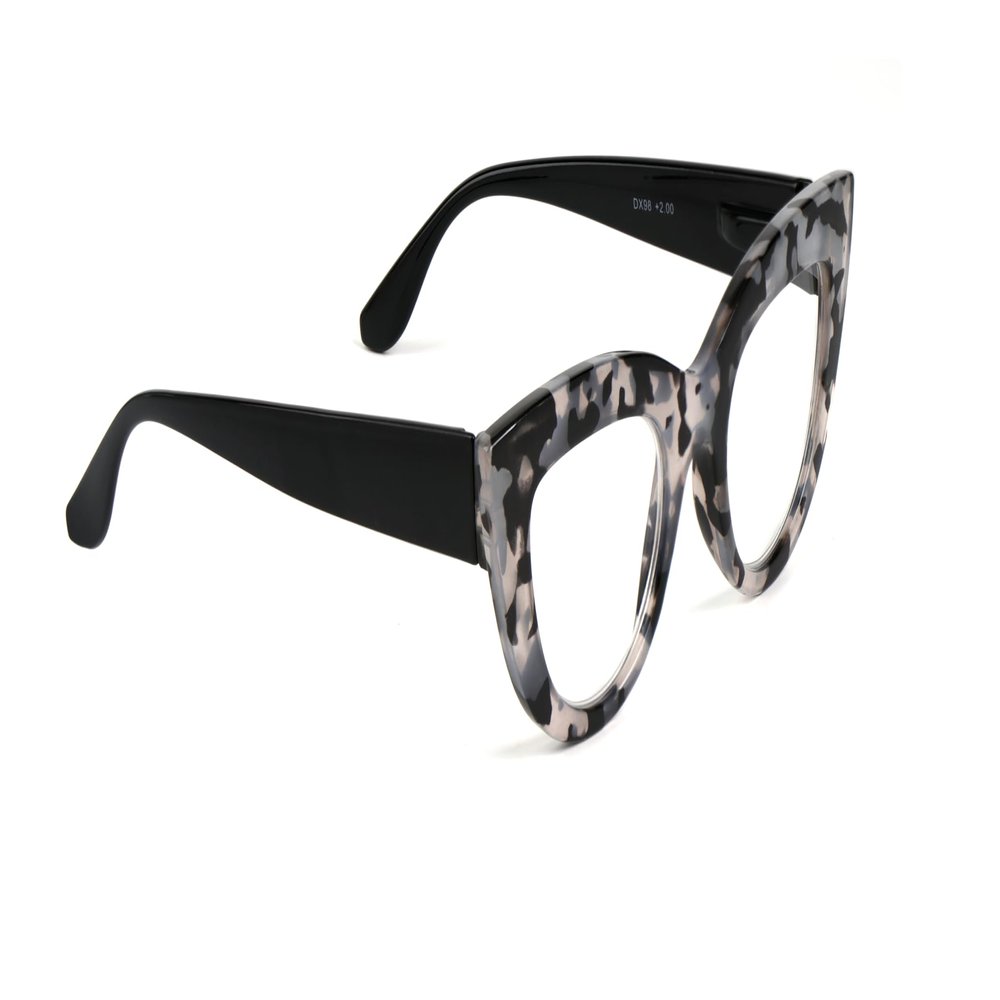 Fads & Fashions Cat Eye Bold Funky Thick Framed Reading Glasses Woman's in 4 Colours Spring Hinges Scratch Resistant Lenses DX98 (Grey Leopard with Shiny Black Temples, +2.0)