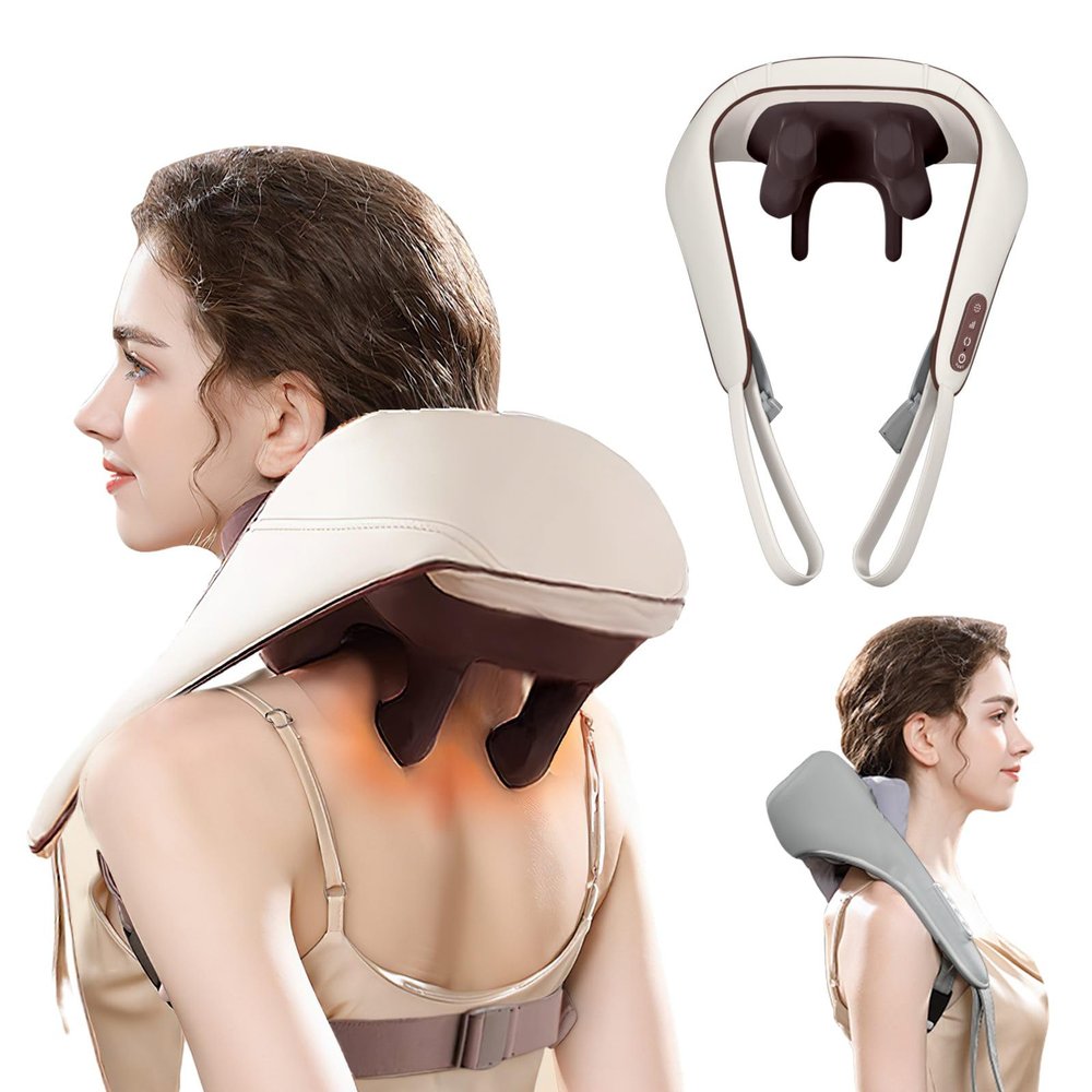 5D Neck & Shoulder Massager with Heat - Portable Kneading Massager for Pain Relief & Comfort - Brown