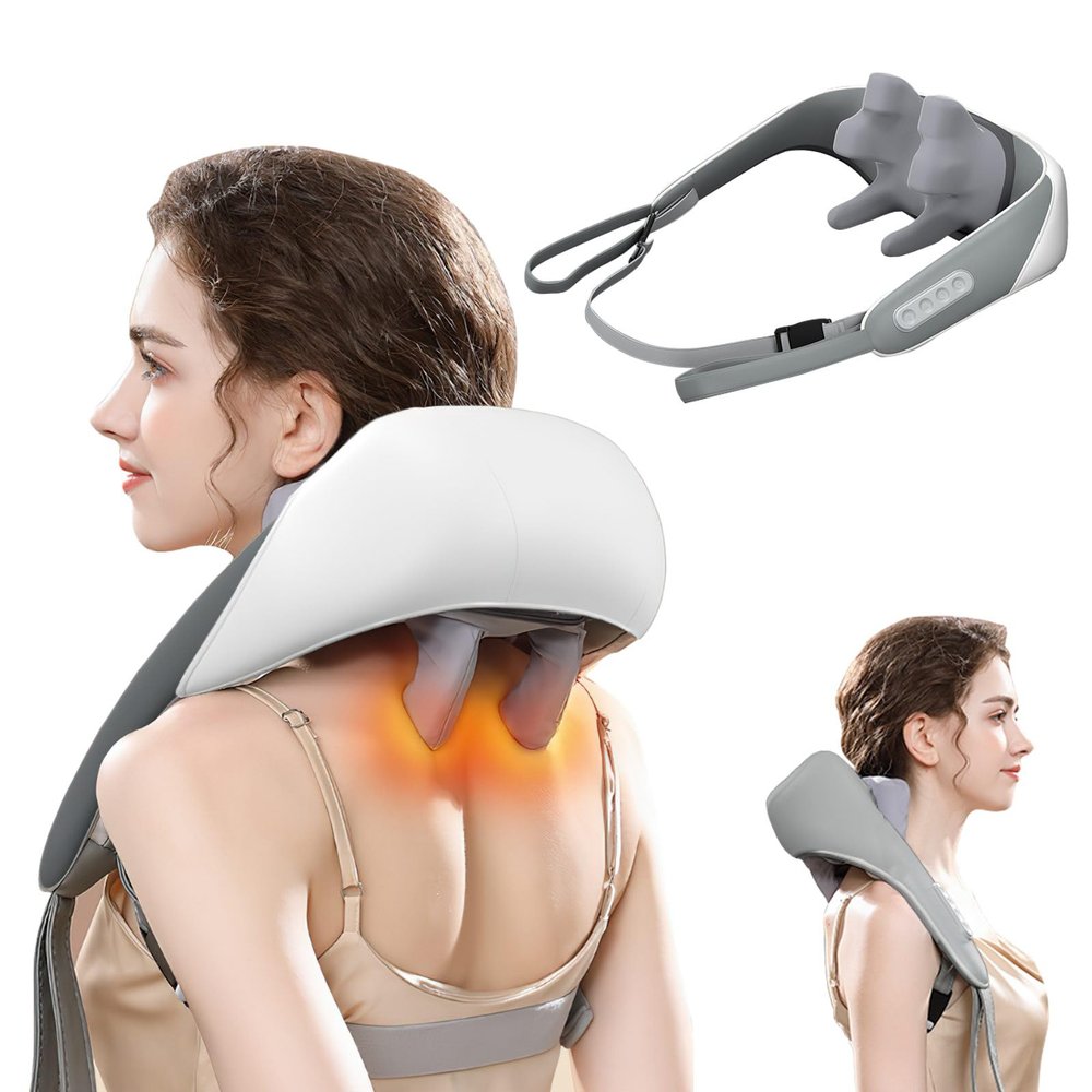 5D Neck & Shoulder Massager with Heat - Portable Kneading Massager for Pain Relief & Comfort - Gifts for Women & Men (White)