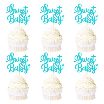 Ercadio 24 Pack Sweet Baby Cupcake Toppers Blue Glitter Sweet Baby Cupcake Picks Sweet Baby Cupcake Decorations for Baby Shower Kids Birthday Theme Party Cake Decoration Supplies