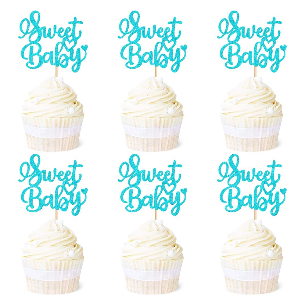 Ercadio 24 Pack Sweet Baby Cupcake Toppers Blue Glitter Sweet Baby Cupcake Picks Sweet Baby Cupcake Decorations for Baby Shower Kids Birthday Theme Party Cake Decoration Supplies