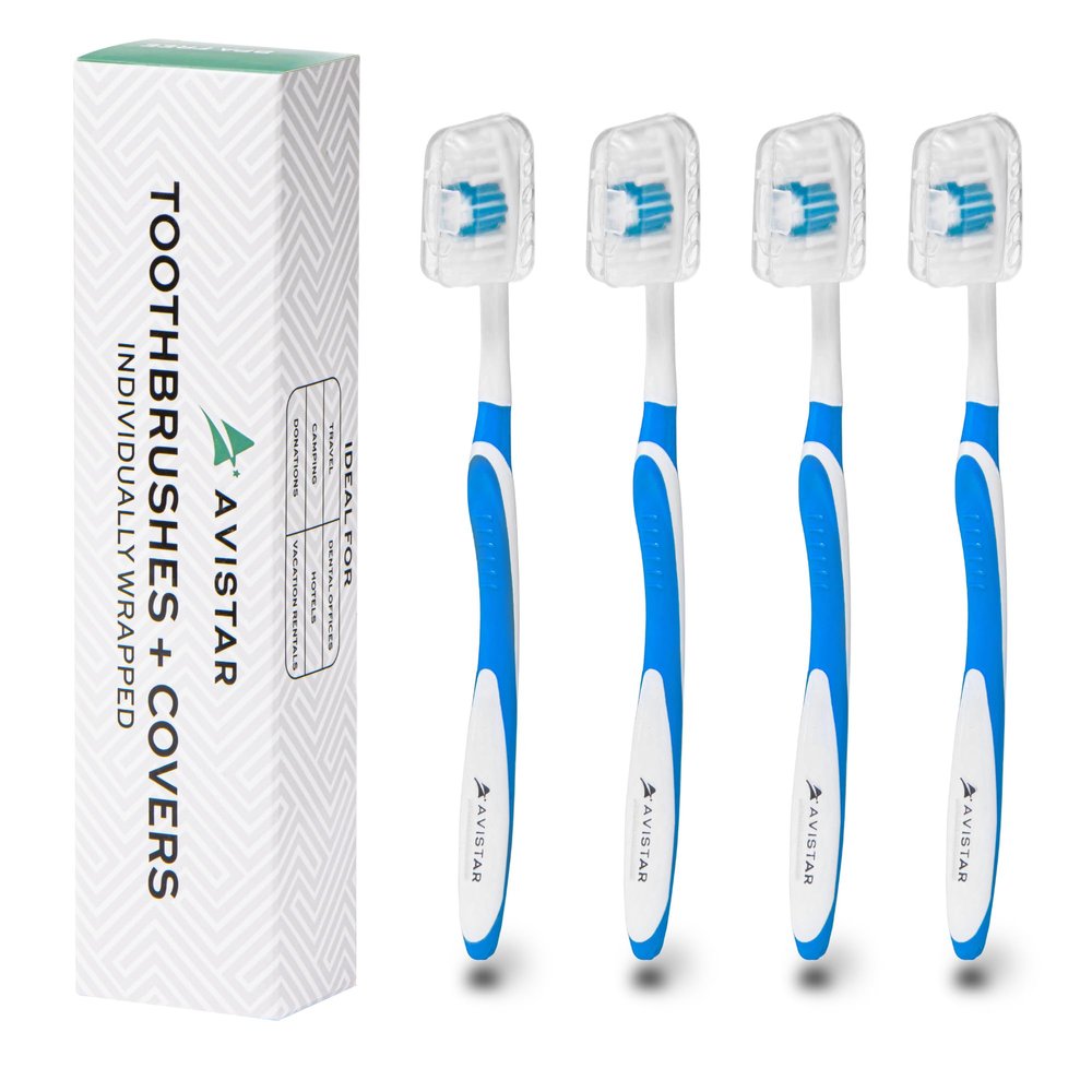 4 Pack Toothbrushes for Adults - Individually Wrapped Medium Bristle Toothbrushes with Covers - Blue - Convenient & Affordable Dental Care for Travel, Hotels, Airbnb, Missions & More
