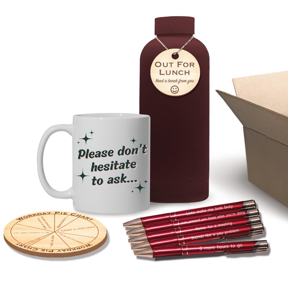 Work Survival Pack Hamper Box Set Co-Worker Boss Gift Mug, Water Bottle, Metal Ballpoint Pen and Wooden Coaster
