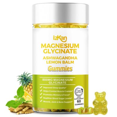 Magnesium Glycinate Gummies 800mg - Sugar Free Magnesium Supplement with Ashwagandha, Lemon Balm Extract & CoQ10 for Calm Mood & Muscle, Sleep Support - 60 Gummies (Pineapple Flavor) (1)