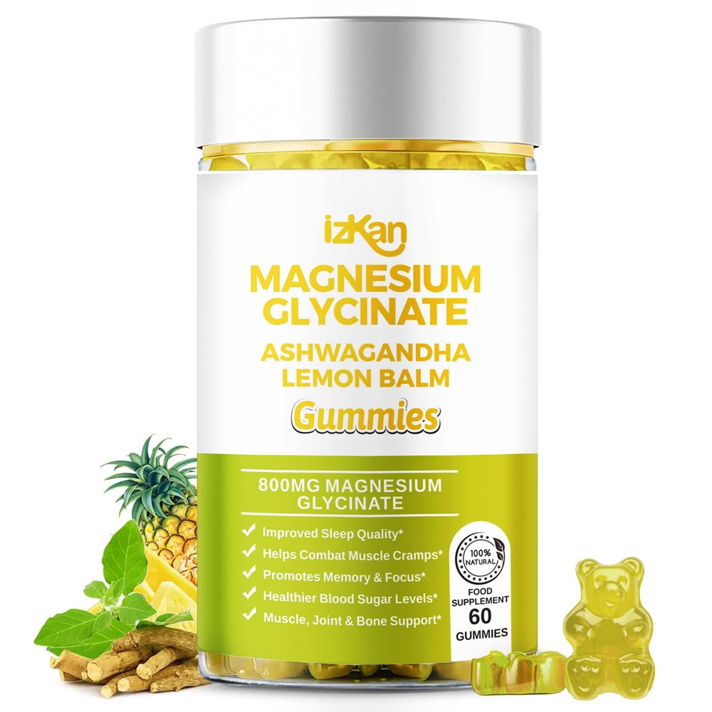 Magnesium Glycinate Gummies 800mg - Sugar Free Magnesium Supplement with Ashwagandha, Lemon Balm Extract & CoQ10 for Calm Mood & Muscle, Sleep Support - 60 Gummies (Pineapple Flavor) (1)