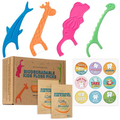Biodegradable Kids Flossers -100 Pack, Natural Kids Floss Picks, Fluoride Free, Biodegradable Floss Pick, Organic Animal Kids Dental Floss Picks, Dental Floss Sticks for Kids - (Mild Orange)