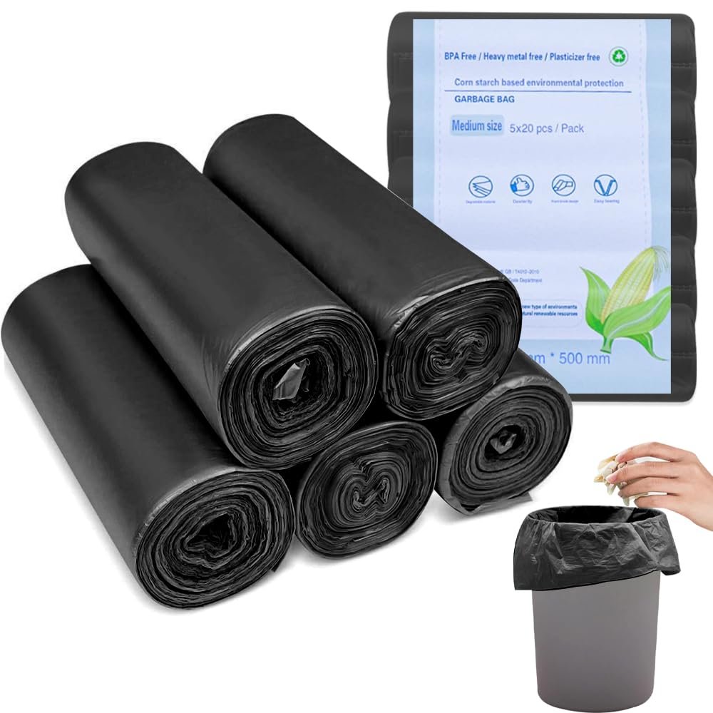 100 Pcs 15 Liter Bin Bags, 50 x 60 cm Biodegradable Garbage Bags, Portable Food Waste Bags, Strong Pedal Bin Bags, Kitchen Bin Liners for Office Bathroom (Black)
